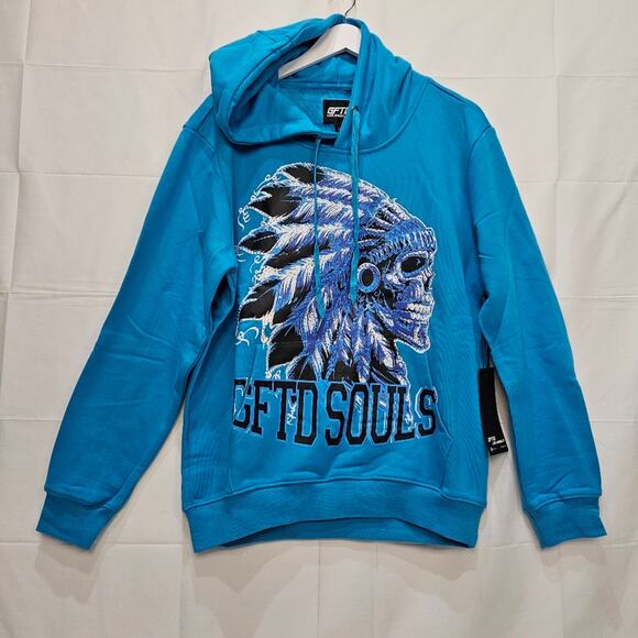 GFTD LA GFTD Souls Skull Feathers Crystals Blue Hoodie Size Medium - Picture 1 of 9